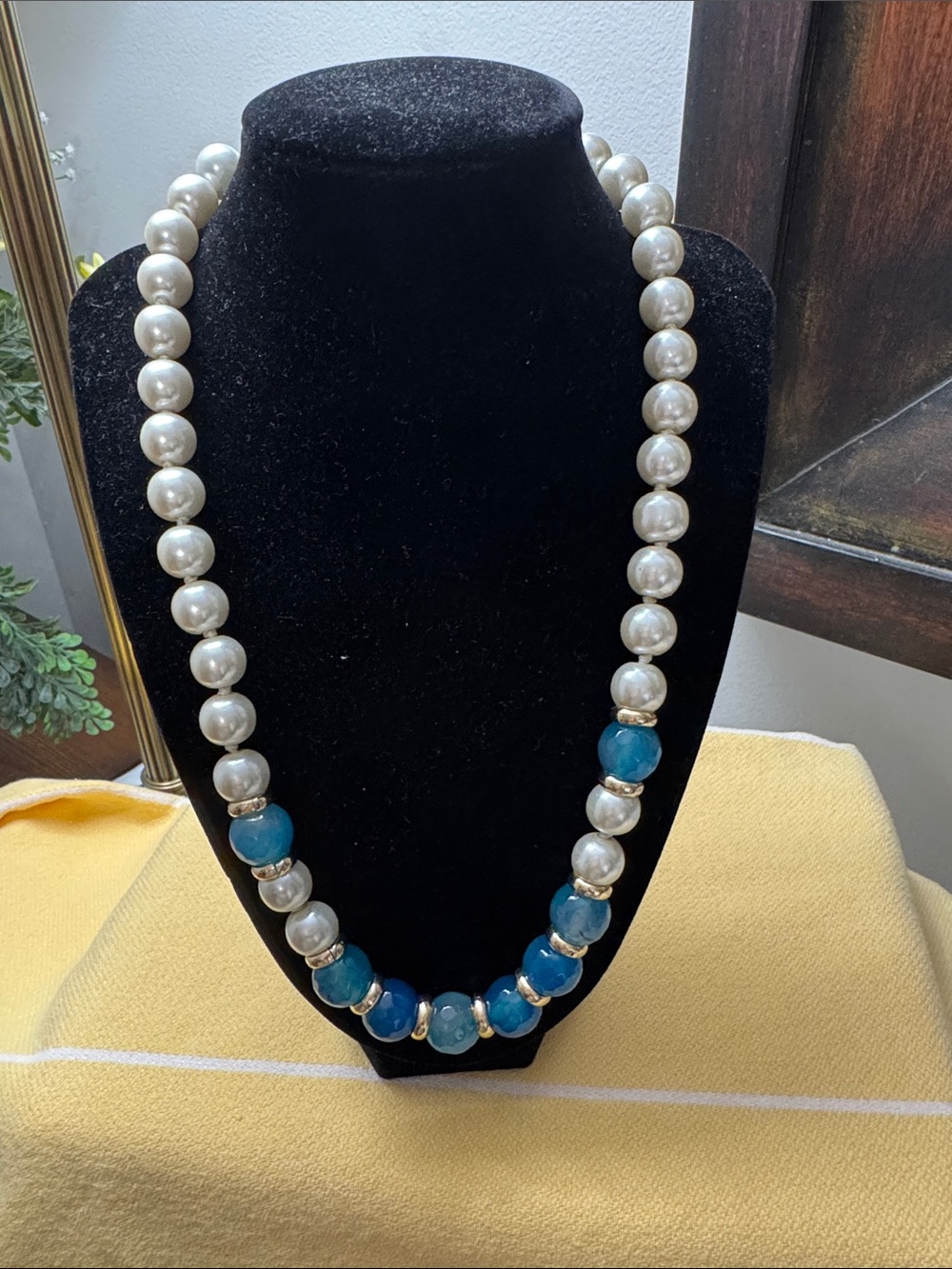 Pearl and Blue Agate Bead Necklace - Elegant Women's Jewelry